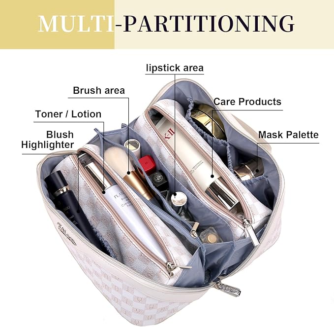 BOYATU Travel Makeup Bag Organizer Cosmetic Bag: 3 Pcs Set Make up Bags for Women with Handle - Waterproof Vegan Leather Toiletry Bags Travel Essentials Pouch with Compartments (H-04-Orange)