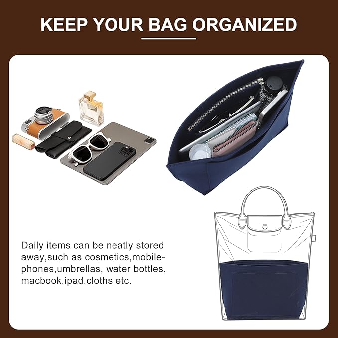 Doxo Felt Purse Organizer Insert for Longchamp Le Pliage M Totes, Longchamp Orgainzer Insert Meduim with 7 Compartments & YKK Zipper | Fits Long Champ Meidum Top Handle Tote Bag (SM, Navy)