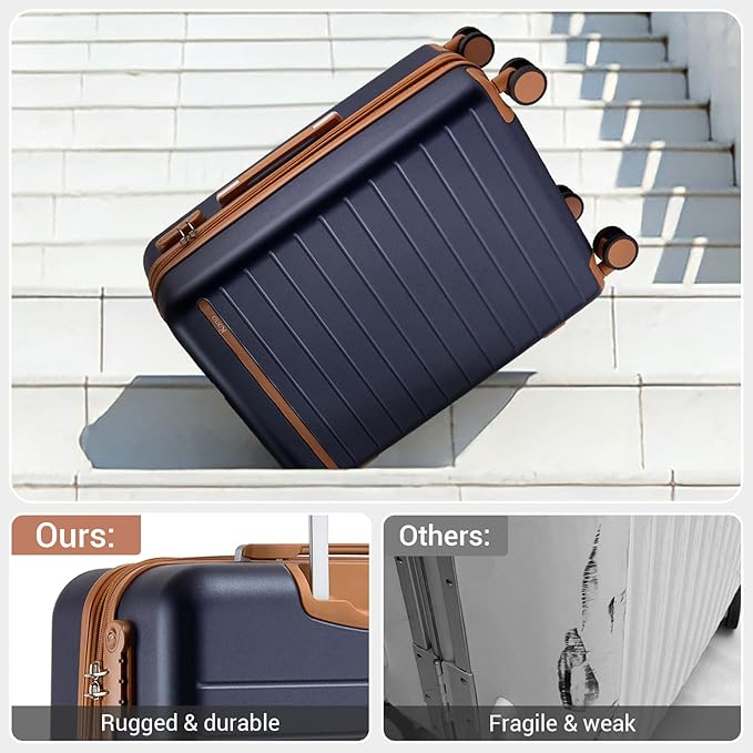 Kono 28 Inch Large Suitcase, Expandable for Long Trips, Impact-Resistant ABS+PC & Silent Wheels, Black, Lightweight Hardshell Luggage, Smooth Rolling Spinner Suitcase for Travel，Navy/Brown