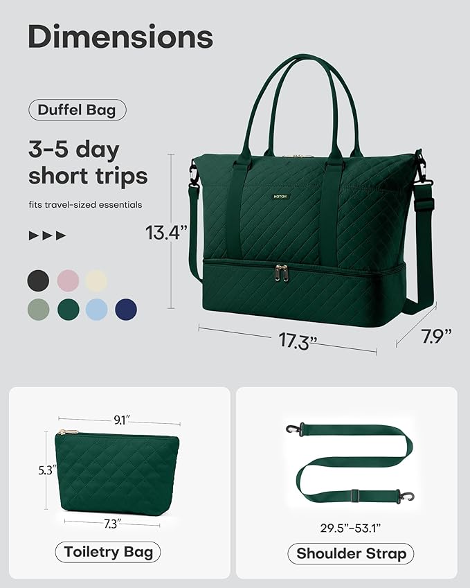 HOTOR Travel Duffel Bag - Weekender Bags for Women, Gym Tote Bags with Shoe Compartment, Carry On Overnight Bag with Toiletry Bag for Travel Essentials Travel Accessories, Dark Green, 13.4"×17.3"×7.9"