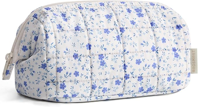 BAGSMART Makeup Bag Travel Toiletry Bag, Puffy Padded Make Up Bags for Women Makeup Organizer Case, Wide-open Pouch Purse Travel Essentials Toiletries Accessories Brushes, Blue Ditsy Floral