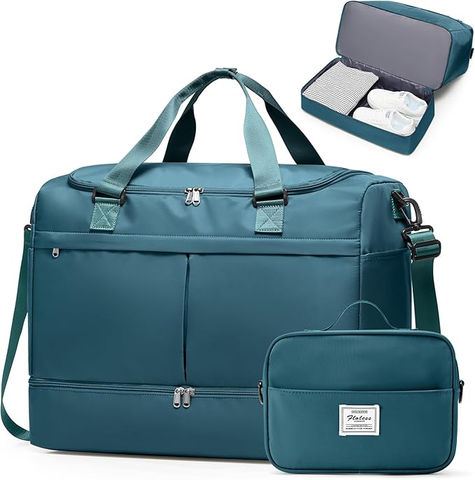 Large Travel Duffel Bag, Weekender Bag for Women with Shoe Compartment & Toiletry Bag, Overnight Carry on Bag for Travel, Gym, Hospital, Business,Peacock Blue