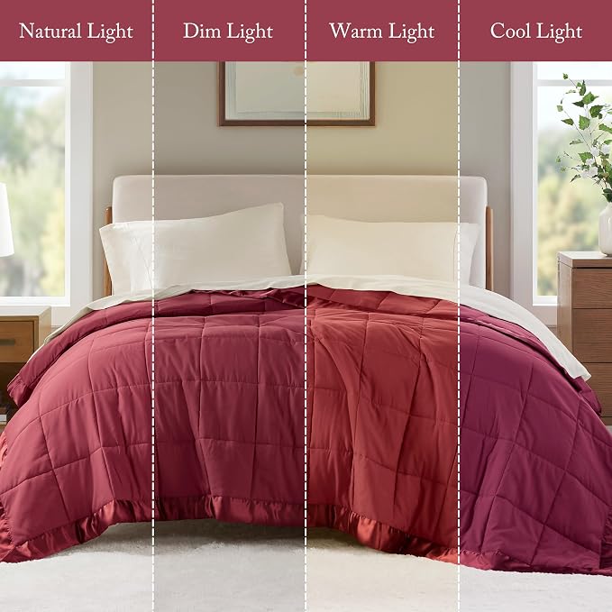 Madison Park Down Alternative Twin Blanket for Bed, Satin Trim, Burgundy | Lightweight Windom Blanket Premium 3M Scotchgard Moisture Wicking Treatment, OEKO TEX, Soft Bed Cover, All Season