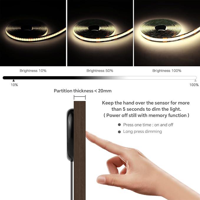 12V LED Cabinet Lighting Kit 10pcs Self-Adhesive Cuttable 6.56Ft 4000K | Black COB LED Strip Lights with 100W Adapter Touch Dimmable LED Recessed Lighting for Wood Slat Wall Panels Headboards Shelf