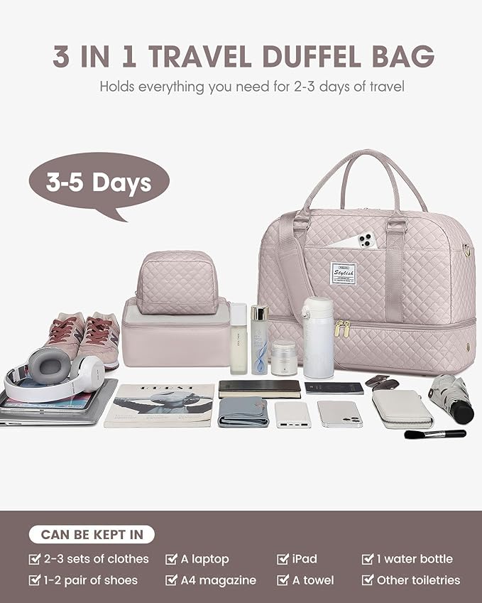 Travel Duffle Weekender Bags for Women: Overnight Bag with Shoe Compartment Carry On Bags with Toiletry & Wet Pocket Large Tote Hospital for Women Labor Delivery Nude color