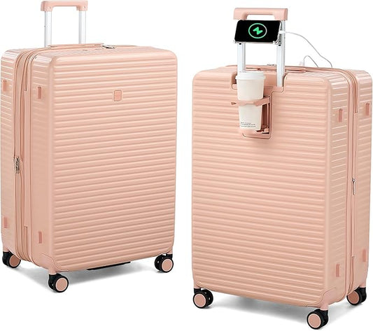 HanTrip Hard Shell Suitcases Expandable Luggage 28 Inch, Large Checked Luggage Check In Travel Luggage with Spinner Wheels Cup Holder Charger Built in Lightweight Suitcase, Pink