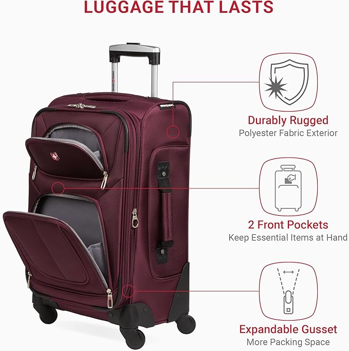 SWISSGEAR Sion Softside Expandable Spinner Luggage Durable Lightweight Travel Suitcase, Merlot, Carry-On 21-Inch