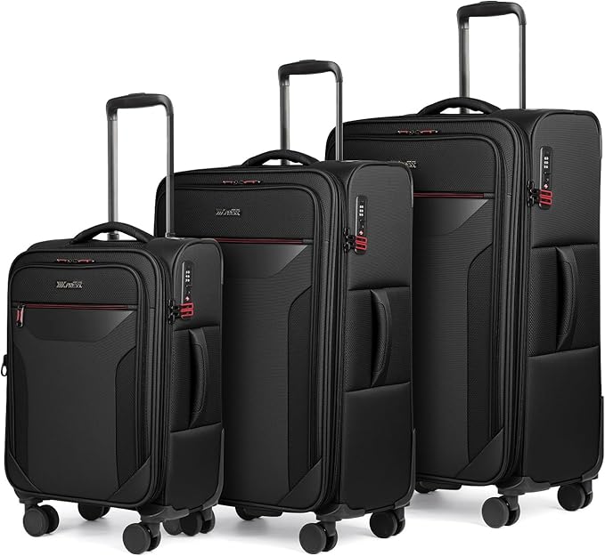 3PCS Set Softside Luggage Sets w/ Spinner Wheels,Expandable 20% Suitcase Upright Spinner Softshell w/TSA LOCK, Lightweight Durable Rolling Travel Luggage Set for Men/Women（Black,22in/28in/32in）