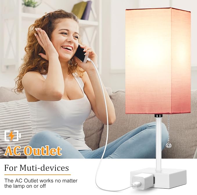 15'' Table Lamp for Bedroom set of 2,3-Color Bedside Lamps with Pull Chain | Table Lamps for Night stands ,Small Night Light Lamps with 2 Bulbs Lamps for Living Room Kids Room Office Decor（Pink+White）