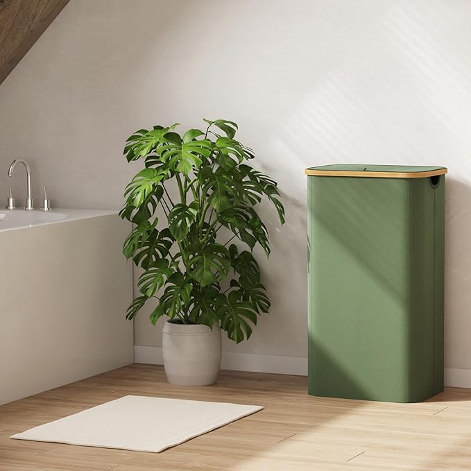 Lifewit 100L Laundry Basket with Lid, Clothes Hampers for Laundry with Bamboo Handles and 1 Removable Bag, Large Foldable Laundry Hamper for Bedroom, Bathroom, Dorm, Laundry Room, Green