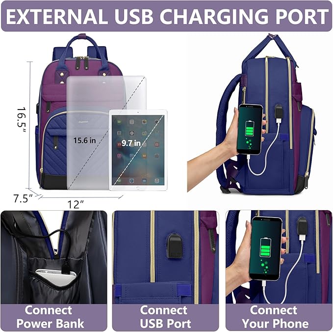 Laptop Backpack for Women Work Bag - 15.6 inch Travel Backpack Purse with USB Charger College Bookbag Waterproof Cute Casual Daypack Fashion Business Computer Backpacks for Teacher Nurse Purple Blue