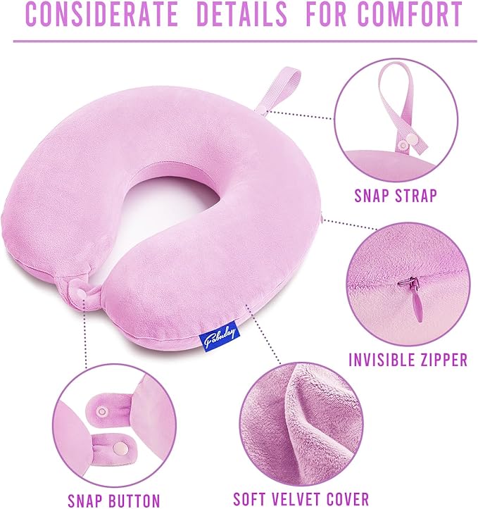 Travel Pillow Memory Foam for Airplanes - Neck Pillow for Traveling, Car, Home, Flight Pillow for Sleeping with Attachable Snap Strap Soft Washable Cover, Provide Head Neck Support Rest, Light Purple