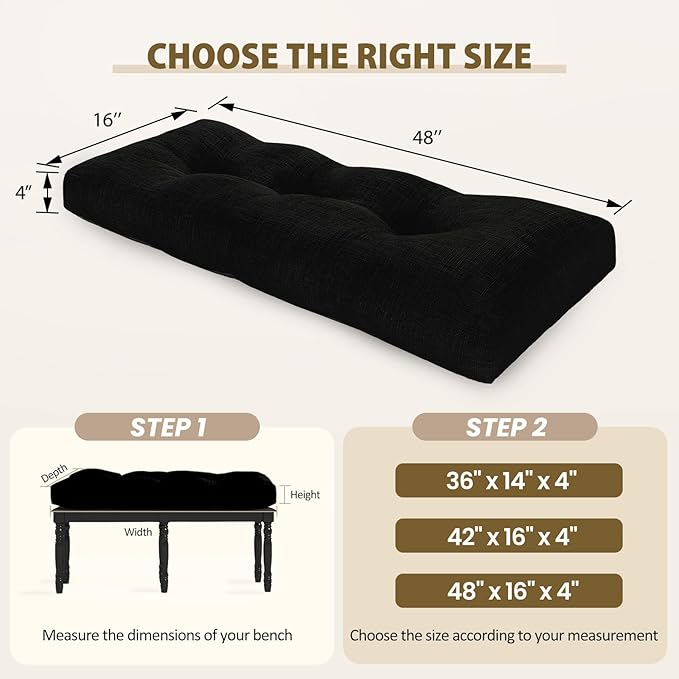 downluxe Indoor Bench Cushion for Indoor Furniture, Non-Slip Tufted Overstuffed Textured Foam Bench Seat Cushion, 48" X 16" X 4", Black, 1 Pack