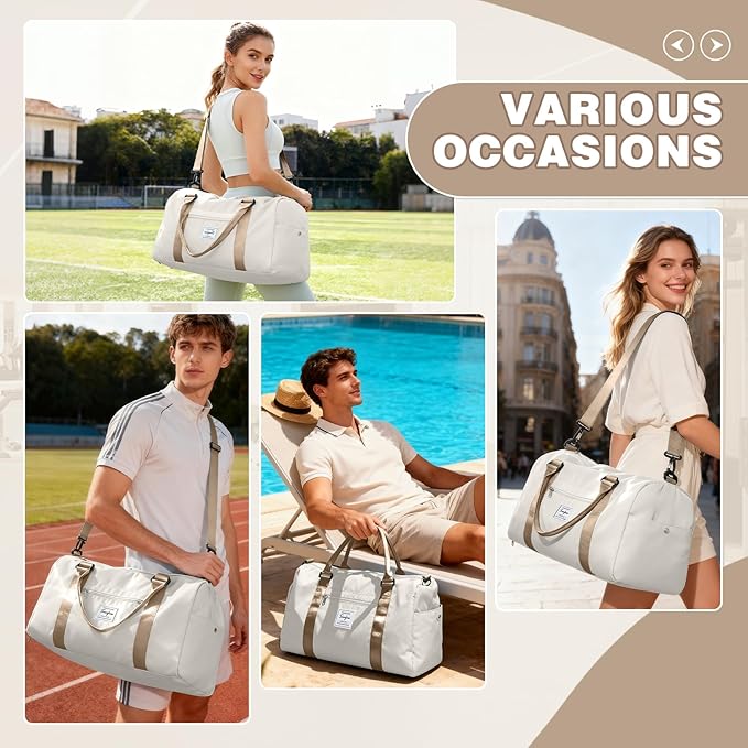 Gym Bag for Women Men with Shoes Compartment and Wet Pocket,Sport Swimming Yoga Bag,Waterproof Travel Duffel Bag Small Carry on Bag Overnight Weekender Bags Personal Item Bag for Airlines, Beige Brown
