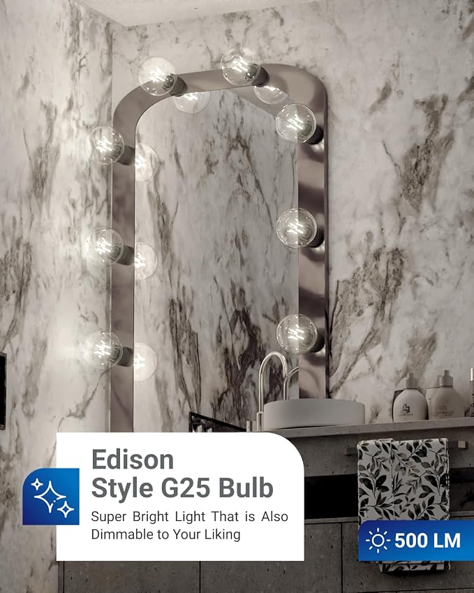 Sunco 10 Pack G25 LED Light Bulb, Globe, E26, 5W=60W, 4000K Cool White | 500LM, CRI80, Dimmable, Edison Vintage Filament, Medium Base, Lamp, Pendant, Chandelier, Indoor/Outdoor Lighting, Wet Rated