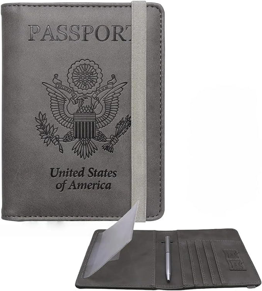 WALNEW Passport Holder for Travel, RFID Passport Cover Wallet for Women Men, PU Leather Passport Book Card Holder Case with Pen (Upgraded, Upgraded-Gray)