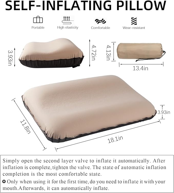 Automatic Inflatable Camping Pillow for Outdoor,Protable Travel Menmory Foam Pillow for Sleeping,Camping Essentials Supplies,Ergonomic Design for Neck