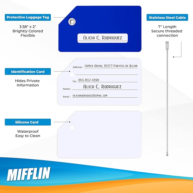 Mifflin-USA Silicone Luggage Tags (Blue, 2 Pack) with Plane Embedded Design & Name ID Card; Bright Colors to Quickly Find Your Bag