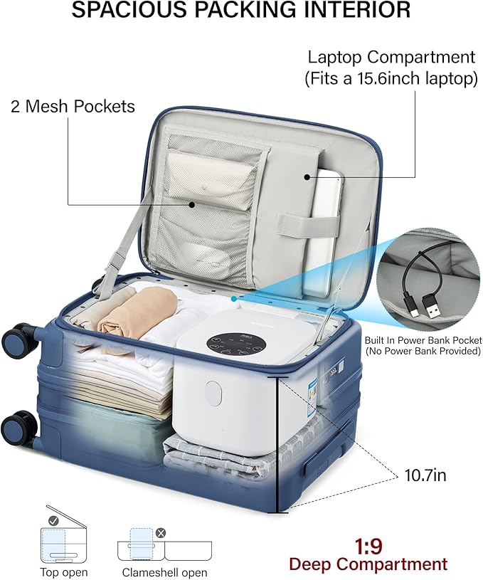 Hanke 20 Inch Expandable Carry On Luggage with Cup Holder 22x14x9 Airline Approved, Top Opening Hard Shell Suitcases with Wheels, Carry-On Travel Suitcase Trunk Luggage with Lock, Interstellar Blue