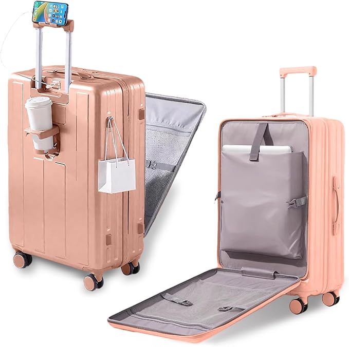 Gets Carry on Luggage Airline Approved,20 Inch Abs+Pc Hardshell Spinner Luggage With Cup Phone Holder and USB Charger,Front Pocket Durable Suitcase for Women Men-Pink