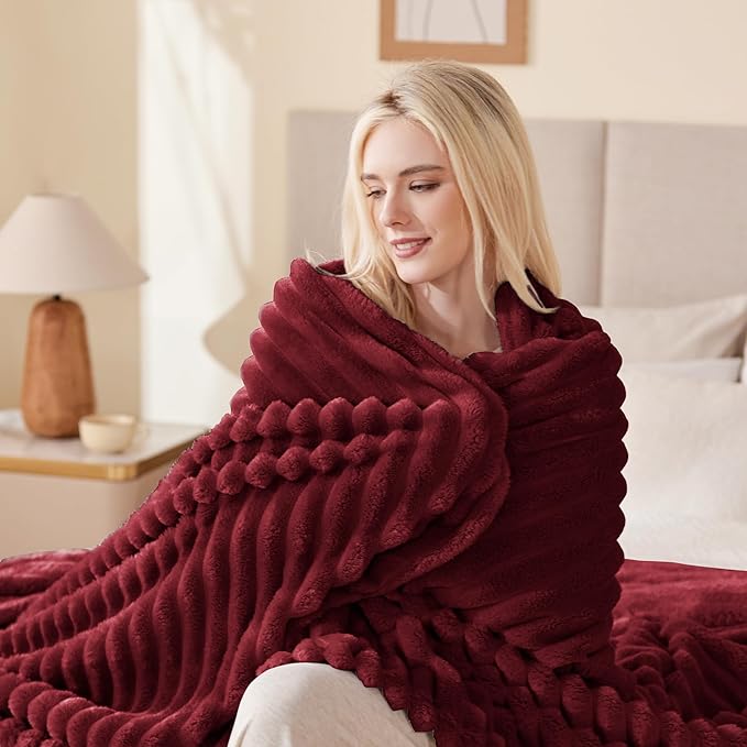 EXQ Home Fleece Throw Blanket for Couch or Bed - 3D Stripe Jacquard Decorative Blankets - Cozy Soft Lightweight Fuzzy Flannel Blanket Suitable for All Seasons(50"×60",Red)