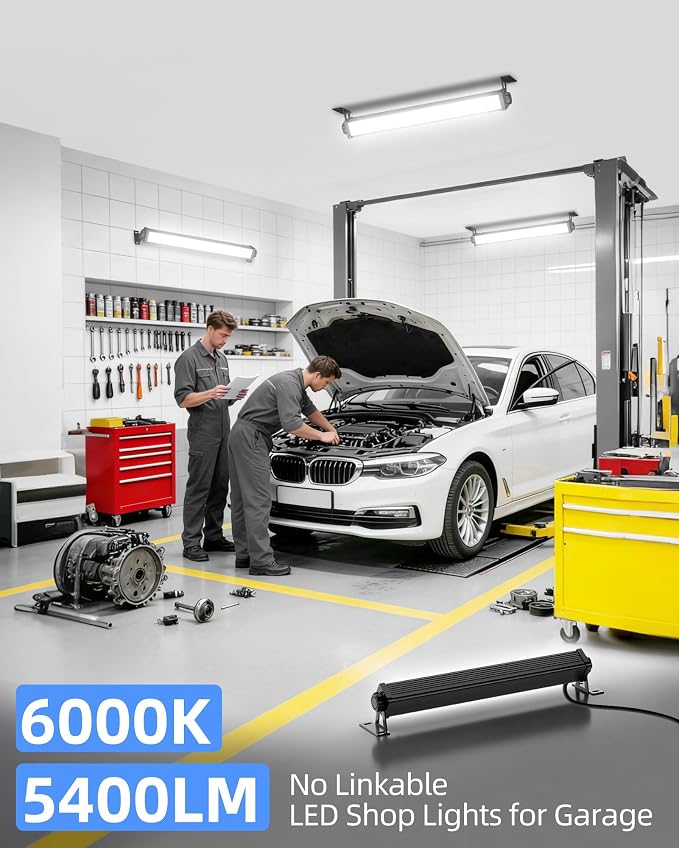 40W Shop Light for Garage, Plug in 5400LM with Switch+ 6.6FT Cord, 4 Pack | Brighter LED Garage Light, 6000K Daylight White Workshop Bay Lighting for Workbench Warehouse Factory Basement
