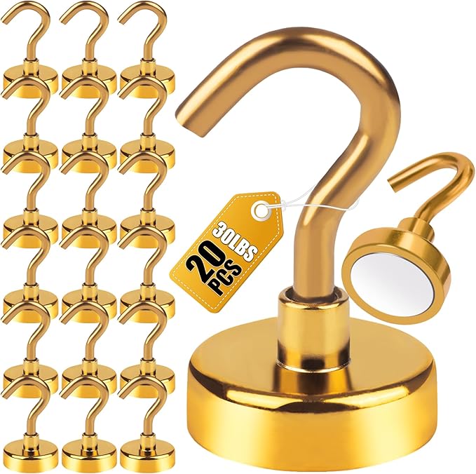 DIYMAG Magnetic Hooks Gold, 30Lbs Strong Heavy Duty Cruise Magnet S-Hook for Classroom, Fridge, Hanging, Cabins, Grill, Kitchen, Garage, Workplace and Office Etc, (20 Pack)