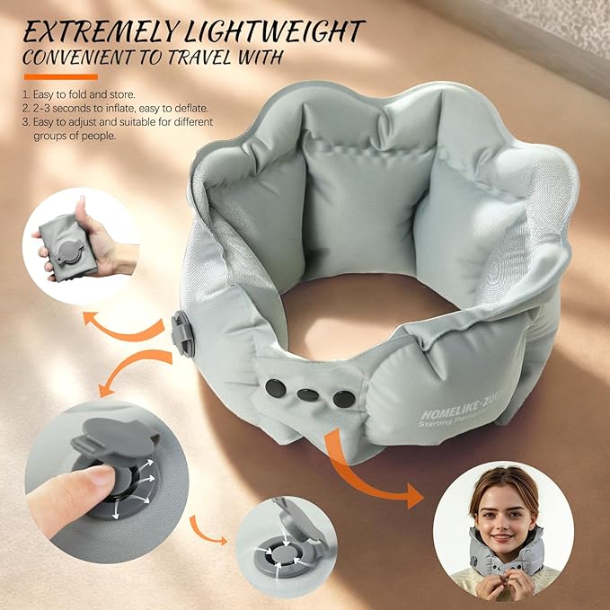 Inflatable Travel Pillow for Airplane, Inflatable Neck Pillow Airplane for Travel Office Nap Neck Support, Buy 1 Get 3 Professional Grey Sleeping Eye Mask and Highly Silent