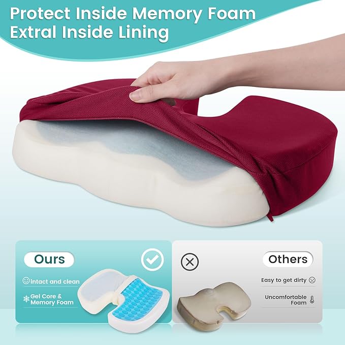 Office Chair Seat Cushion, Cooling Gel Enhanced Memory Foam Cushion for Long Sitting - Back, Sciatica, Coccyx, Tailbone Pain Relief Pillow - for Office, Gaming, Car, Wheelchair - Red, Large