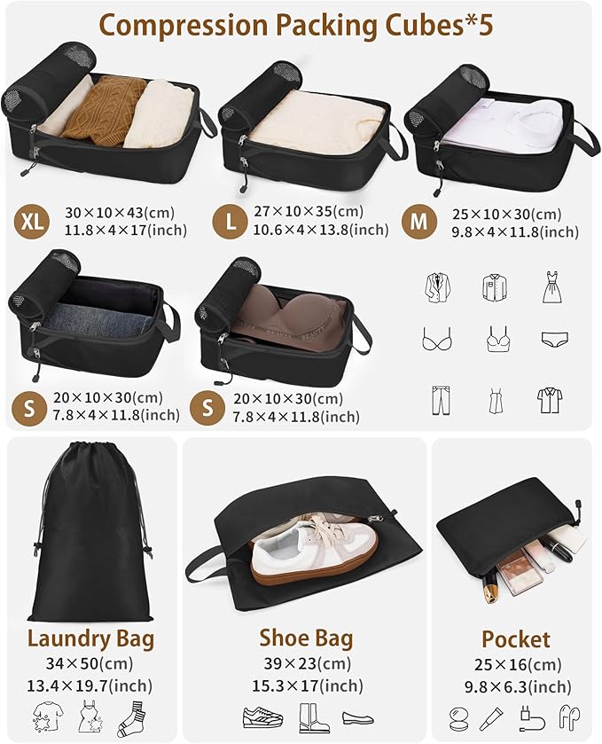 Compression Packing Cubes 8 Sets, Packing Organizers, Extensible Suitcase Organiser Bags, Travel Organizer Cubes for Travel Essentials Black