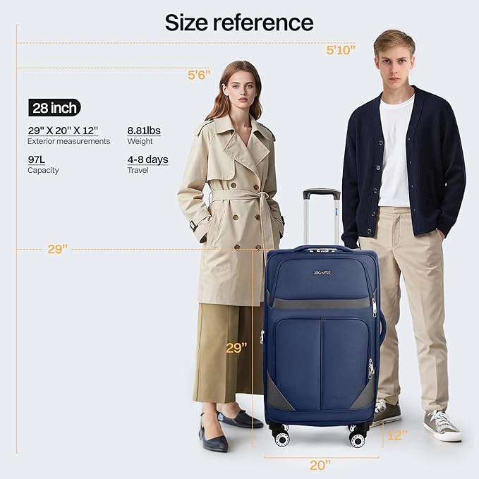 28" Large Softside Expandable 15% Checked Luggage with Double Spinner Wheels LOCK,Lightweight Travel Suitcase for Men/Women（Navy-Grey,28in）