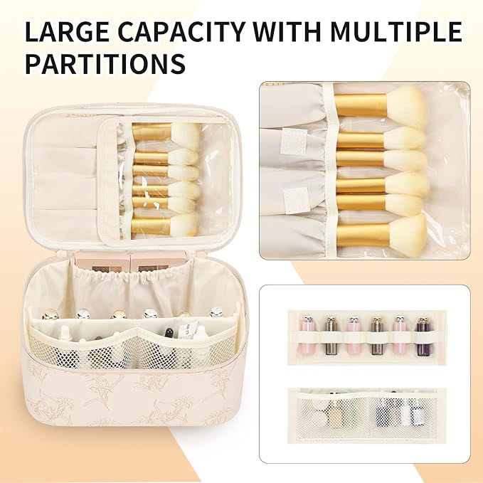 OCHEAL Makeup Bag for Women - Travel Cosmetic Organizer with Brush Slot & Divider, Large Capacity Toiletry Bag for Girls, Travel Makeup Case for everyday Make up Accessories -Beige floral