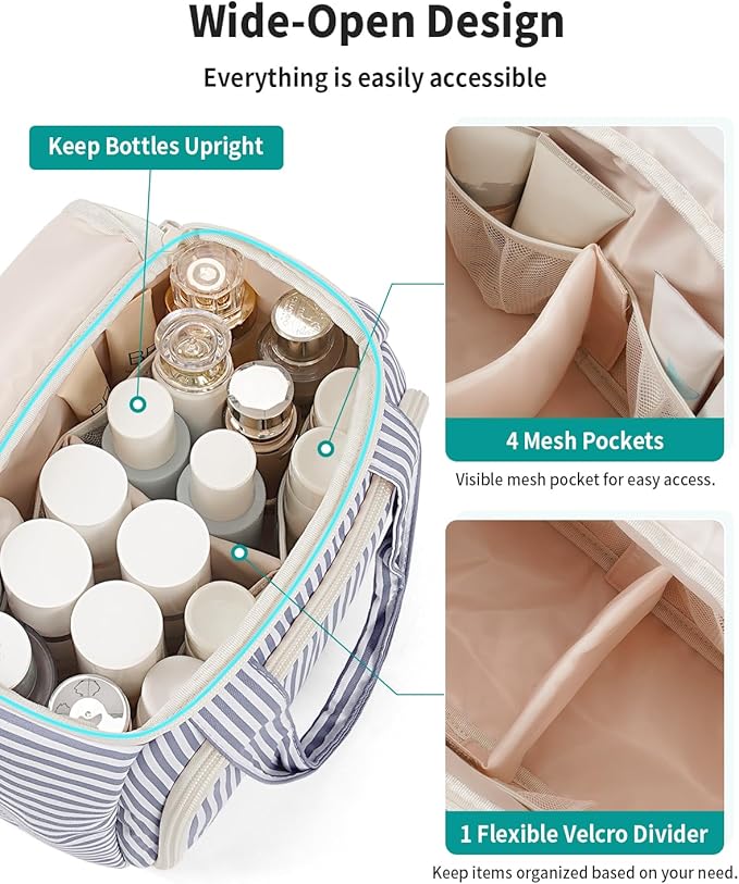 Narwey Striped Travel Toiletry Bag for Women Large Makeup Bag, Wide-open Cosmetic Make Up Organizer with Handle, Travel Bag for Toiletries, Essentials, Accessories (Greyish Blue Stripe)