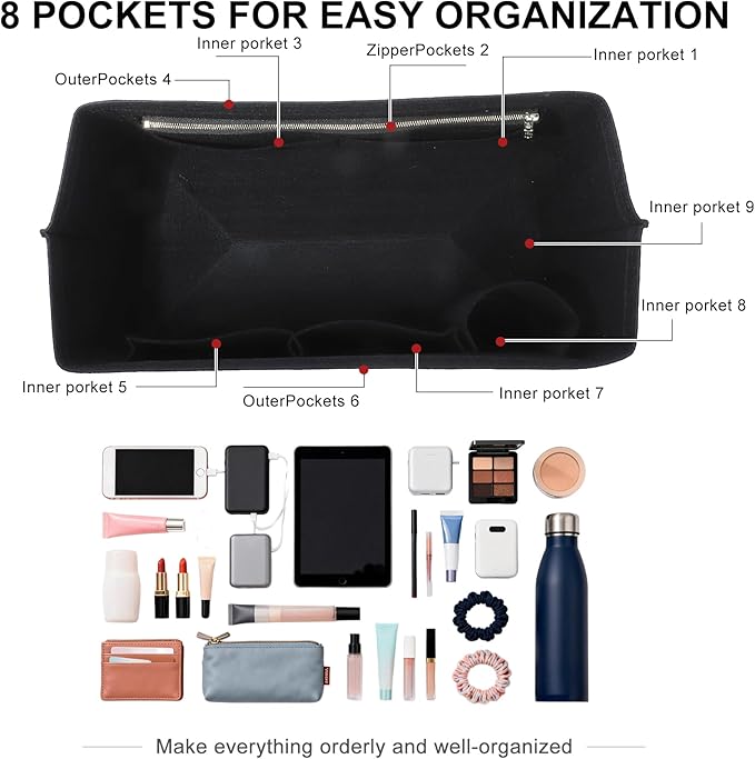 Doxo Felt Purse Organizer Insert for Longchamp Le Pliage L Travel Bag, Longchamp Orgainzer Insert Large with 9 Compartments and Zipper Water Bottle Holder, Fits Long Champ Large Bag (LT, Black)