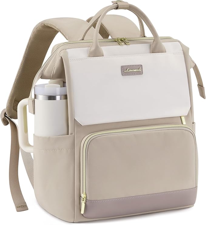 LOVEVOOK Laptop Backpack for Women with Giant Tumbler Holder Pocket, 15.6 inch Travel Work Backpack Purse for Nurse Teacher, Waterproof School Bag College Bookbag Cute Casual Daypack for Girls Khaki