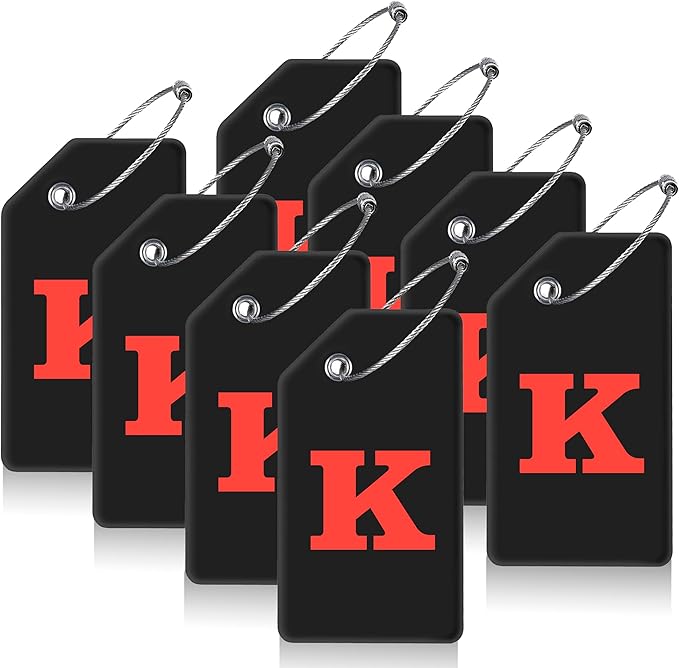Gostwo 8 Pack Luggage Tags for Suitcases, 26 Initial Letter Travel Luggage Baggage Identification Labels ID Tags Fully Bendable Tags with Stainless Steel Loop (Letter K, Black)