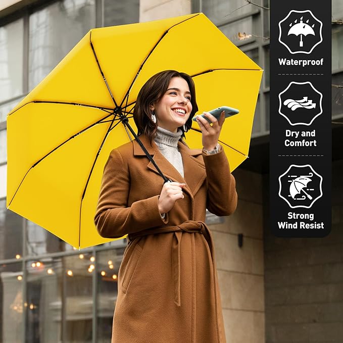 Windproof Travel Umbrella, Compact Umbrella, Car Umbrellas for Rain & Sun, 8 Fiberglass Ribs for Strong UV & Wind Resistance, Portable, Lightweight, Vent, Easy Automatic Open/Close