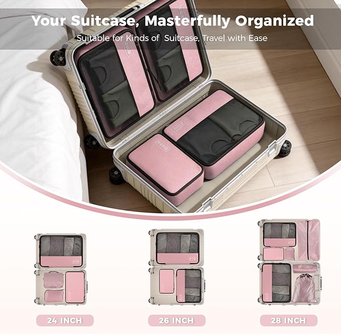 8-Piece Compression Packing Cubes for Travel, Stylish Luggage Organizer Set for Women, Space Saving Travel Essentials, Perfect for Vacation Cruise, Weekend Getaways & Carry-On Packing - Light Pink