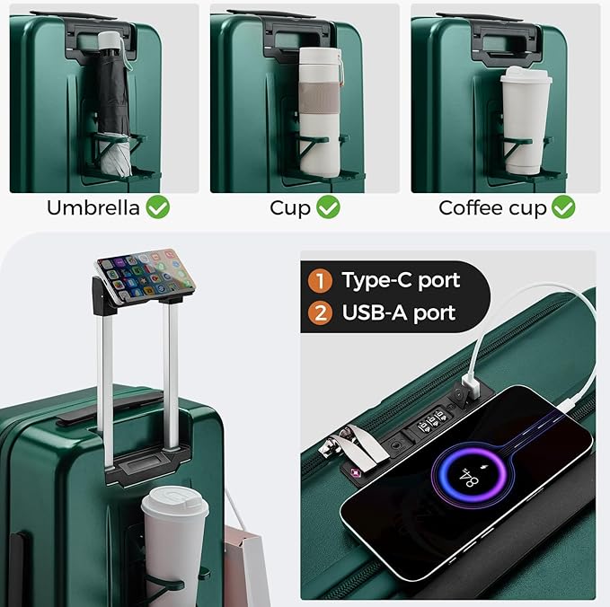 Carry On Luggage Top Opening with Cup Holder & Phone Holder, Expandable PC Hard Shell Suitcase, USB Charging Port, Side Hook, 360° Spinner Wheels, TSA Lock & YKK Zippers for Women Man Gifts