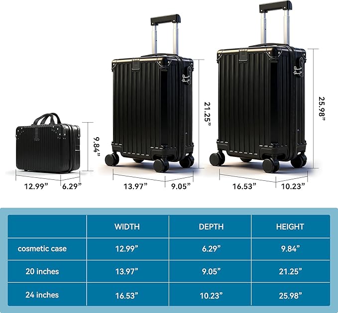 Carry On Luggage with Spinner Wheels,PC Hard Shell Suitcase with USB Port,Lightweight Travel Luggage Airline Approved for Men Women,Black,3-Piece Set (14/20/24)