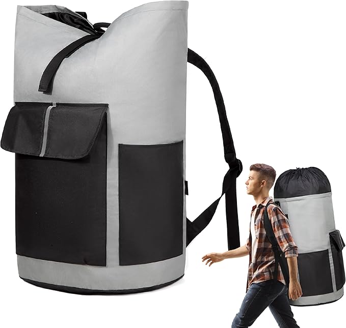 BeeGreen Grey-Black-Laundry-Bag-Backpack-Extra-Large-Heavy-Duty, 125L Portable Travel Laundry Backpack with Shoulder Straps & Extendable Clothes Hamper Bag 3 Pockets College Dorm Apartment Essentials