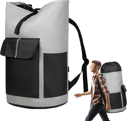 BeeGreen Grey-Black-Laundry-Bag-Backpack-Extra-Large-Heavy-Duty, 125L Portable Travel Laundry Backpack with Shoulder Straps & Extendable Clothes Hamper Bag 3 Pockets College Dorm Apartment Essentials