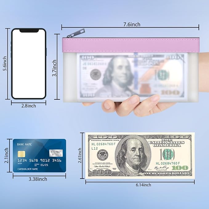4 Pieces Money Bags With Zipper, Cash Envelopes,7.6 x 3.7 inch Money Pouch, Clear Bank Deposit Bags, Bank Bag, Cash Bag, Coin Bag for Collectors, Multi-Purpose Check Wallet （Purple）