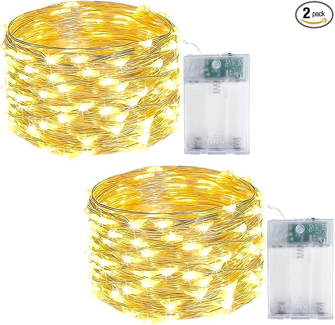 2 Pack Fairy Lights Battery Operated 16 FT 50 LED String Lights Warm White | Timer, Flexiable Waterproof Wire, Cuttable LED Fairy Lights Indoor for Christmas Wreath Holiday Mantel Mason Jar DIY Decor