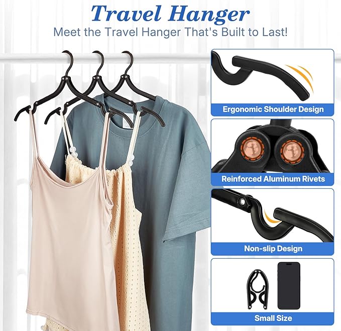 HOUSE DAY Travel Hangers, Portable Folding Hangers for Suitcase, Cruise Ship Essentials, Space Saving Clothes Hanger with Non-Slip Grooves for Vacation, Business Trip, Dorm (10 Pack Black)