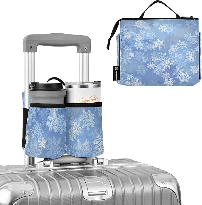 Luggage Cup Holder for Suitcases Free Hands Travel Cup Holder Portable Suitcase Cup Drink Holder Luggage Cup Caddy Bag Carrier Gradient Blue Winter Snowflakes