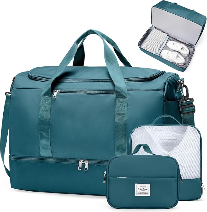 Extra Large Travel Duffle Bag,Carry on Overnight Weekend Bag with Shoes Compartment,Weekender Bags for Women for Travel Business Trips Sport Hospital,3 Pcs Set,Peacock Blue