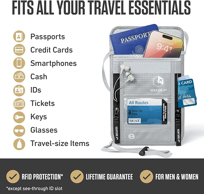 VENTURE 4TH Neck Wallet for Women & Men – RFID Blocking Passport Holder for Travel, Hidden Neck Pouch with 6 Compartments, Slim Lightweight Travel Organizer with Adjustable Strap (Silver)