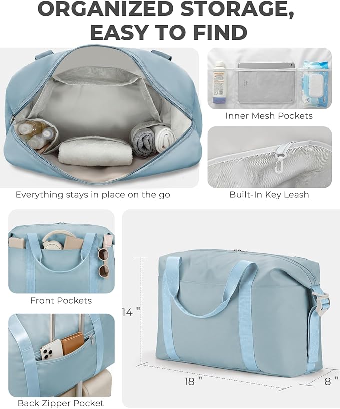 Percover Weekender Travel Duffel Bag for Women, Lightweight Soft-Structure 33L Carry-On, Water-Resistant Nylon with Shoulder Strap & Trolley Sleeve, Personal Item Friendly, Sky Blue