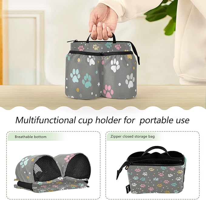 Luggage Cup Holder for Suitcases Free Hands Travel Cup Holder Portable Suitcase Cup Drink Holder Luggage Cup Caddy Bag Carrier Paw Print Dots Stars Grey